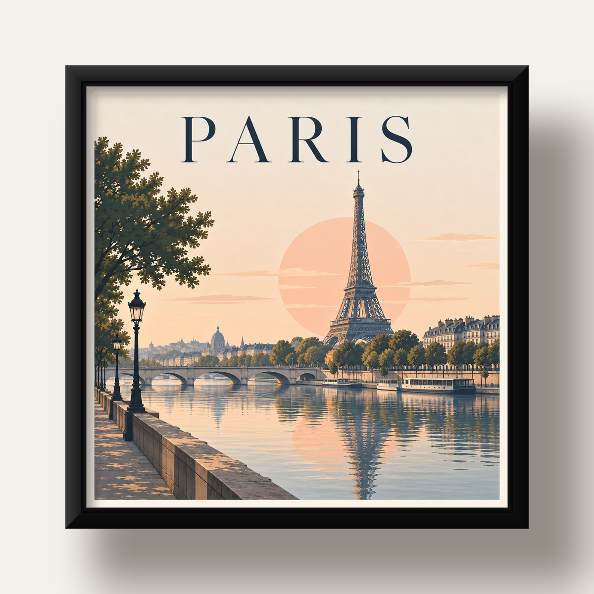 Paris Manzarası Pastel Retro Dijital Poster - Şık Duvar Dekoru — siyah derin çerçeveli
