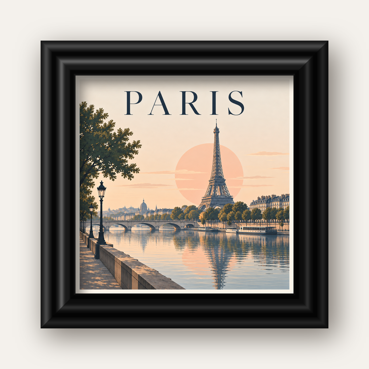 Paris Manzarası Pastel Retro Dijital Poster - Şık Duvar Dekoru — siyah galeri çerçeveli