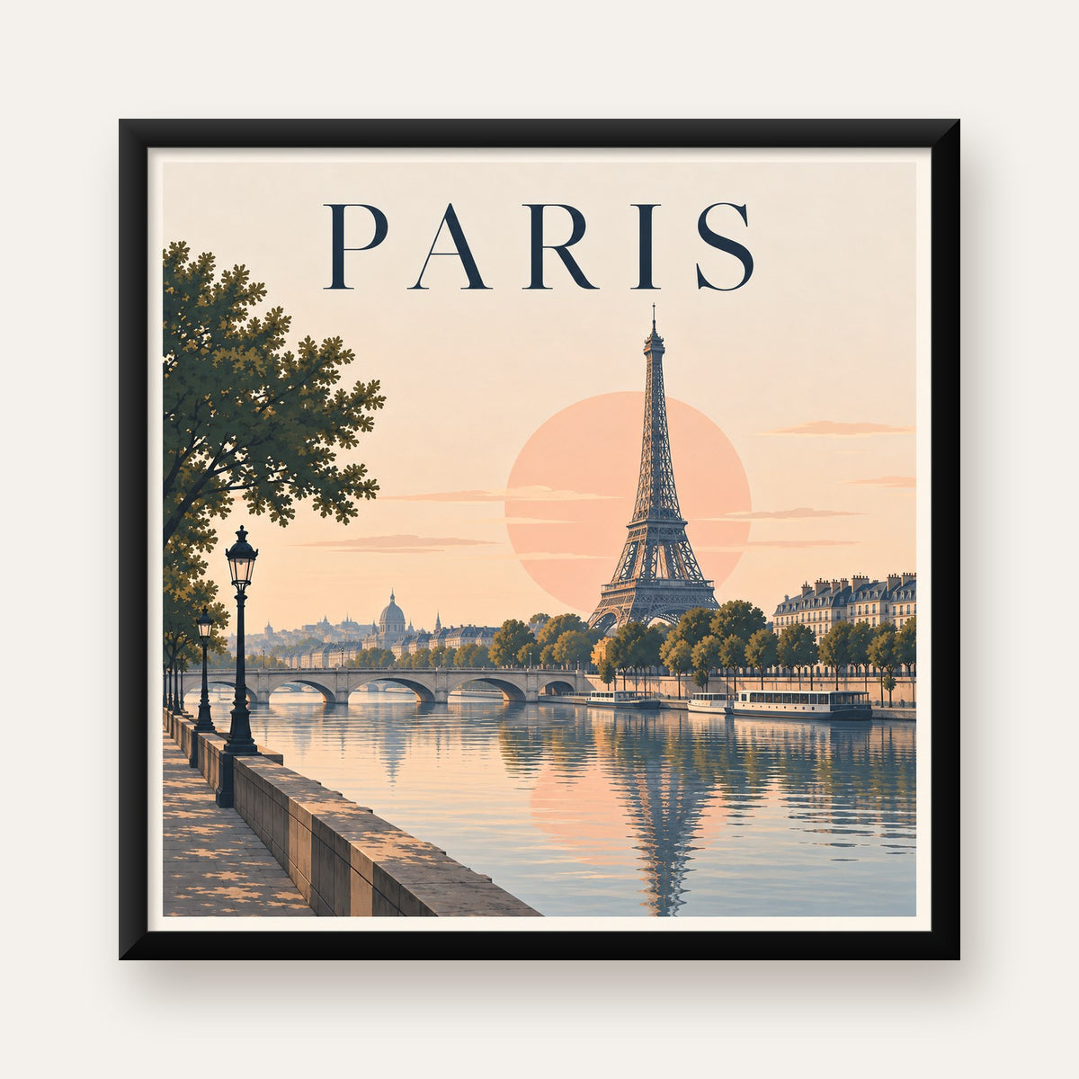 Paris Manzarası Pastel Retro Dijital Poster - Şık Duvar Dekoru — Kare baskı, düz siyah çerçeveli duvar posteri