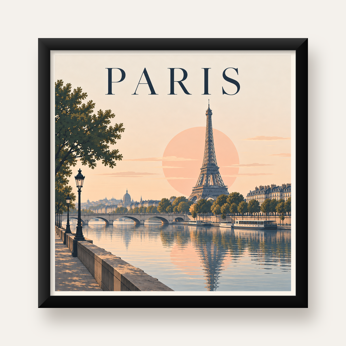 Paris Manzarası Pastel Retro Dijital Poster - Şık Duvar Dekoru — Kare baskı, düz siyah çerçeveli duvar posteri