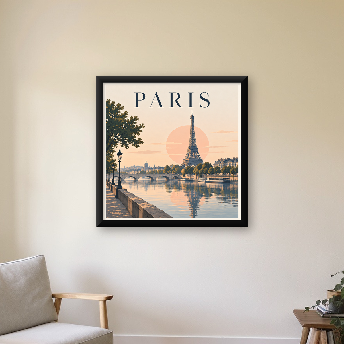 Paris Manzarası Pastel Retro Dijital Poster - Şık Duvar Dekoru — Kare baskı, çerçeveli hâliyle bir ev duvarında