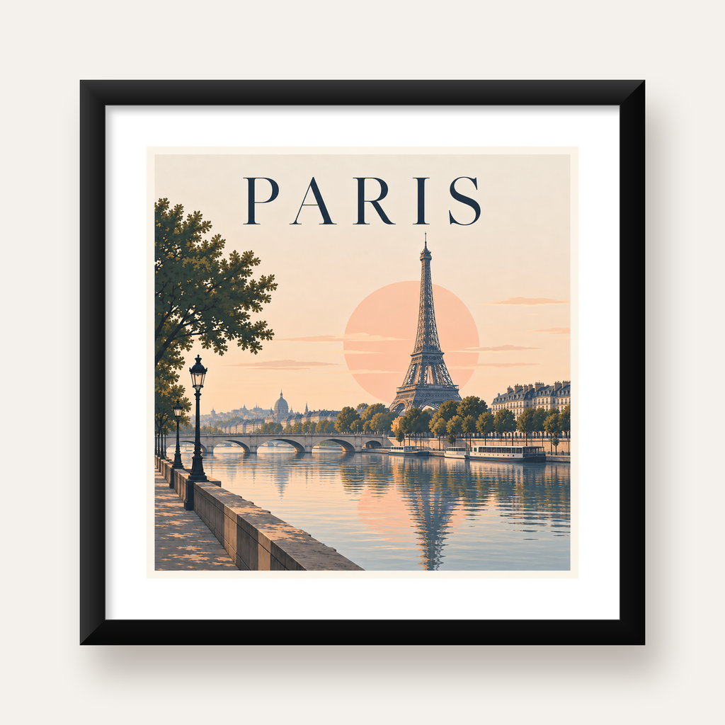 Paris Manzarası Pastel Retro Dijital Poster - Şık Duvar Dekoru — Kare baskı, beyaz paspartulu