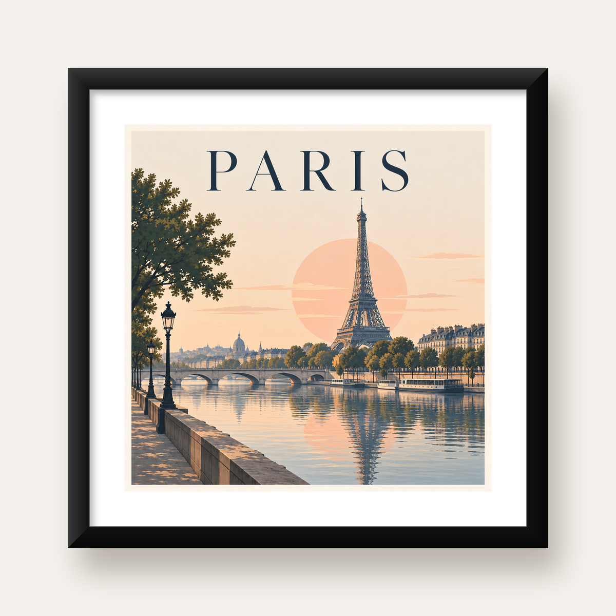 Paris Manzarası Pastel Retro Dijital Poster - Şık Duvar Dekoru — Kare baskı, beyaz paspartulu