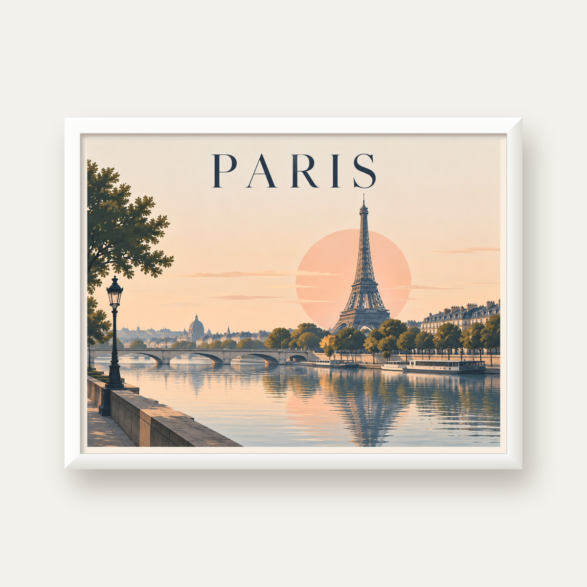 Paris Manzarası Pastel Retro Dijital Poster - Şık Duvar Dekoru — beyaz çerçeveli yatay poster