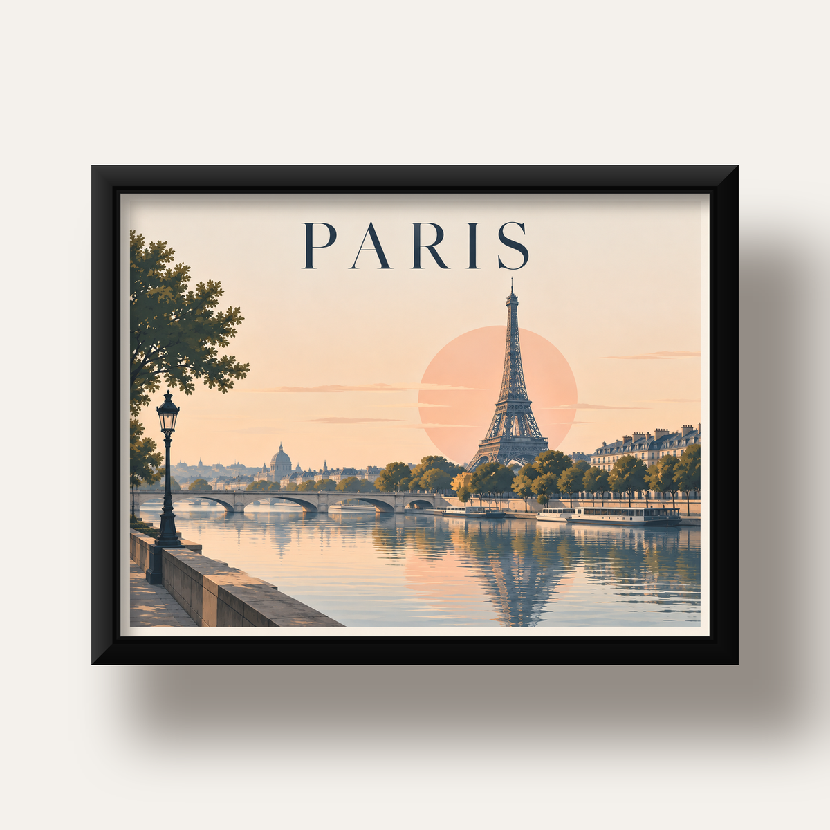 Paris Manzarası Pastel Retro Dijital Poster - Şık Duvar Dekoru — siyah derin çerçeveli