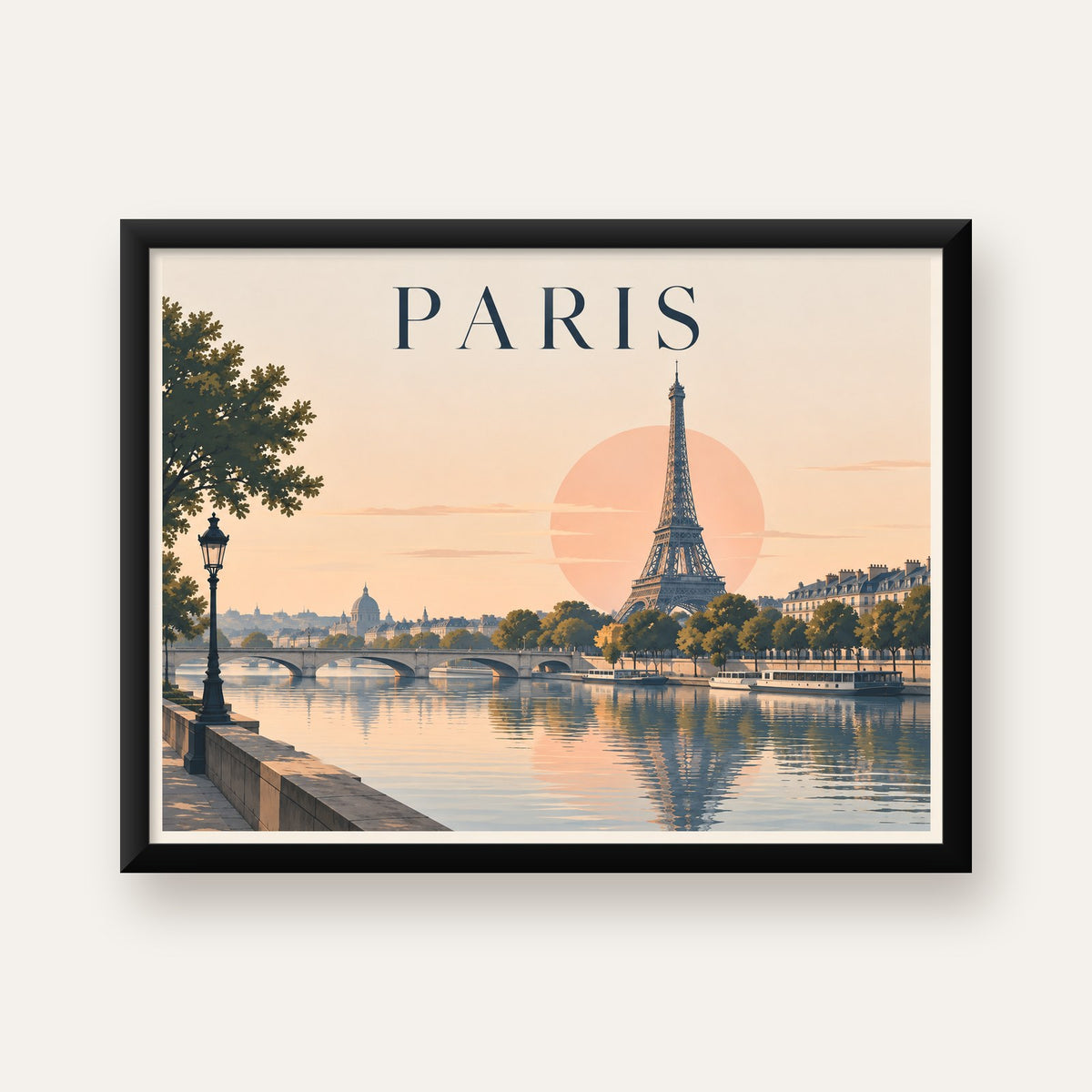 Paris Manzarası Pastel Retro Dijital Poster - Şık Duvar Dekoru — Yatay baskı, düz siyah çerçeveli duvar posteri