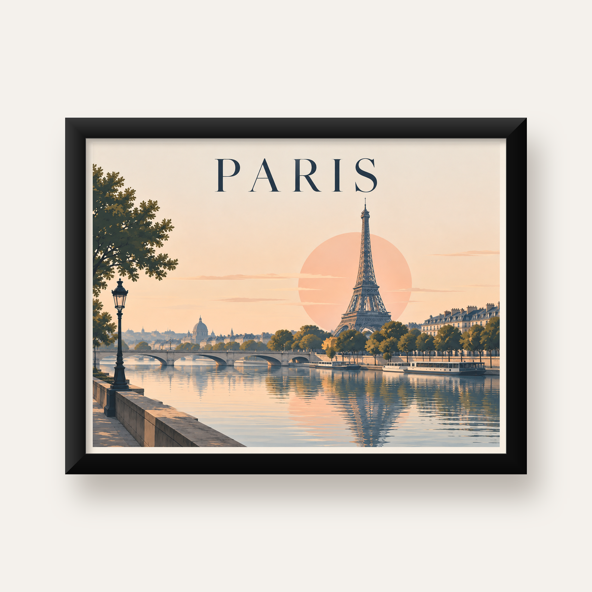 Paris Manzarası Pastel Retro Dijital Poster - Şık Duvar Dekoru — Yatay baskı, düz siyah çerçeveli duvar posteri