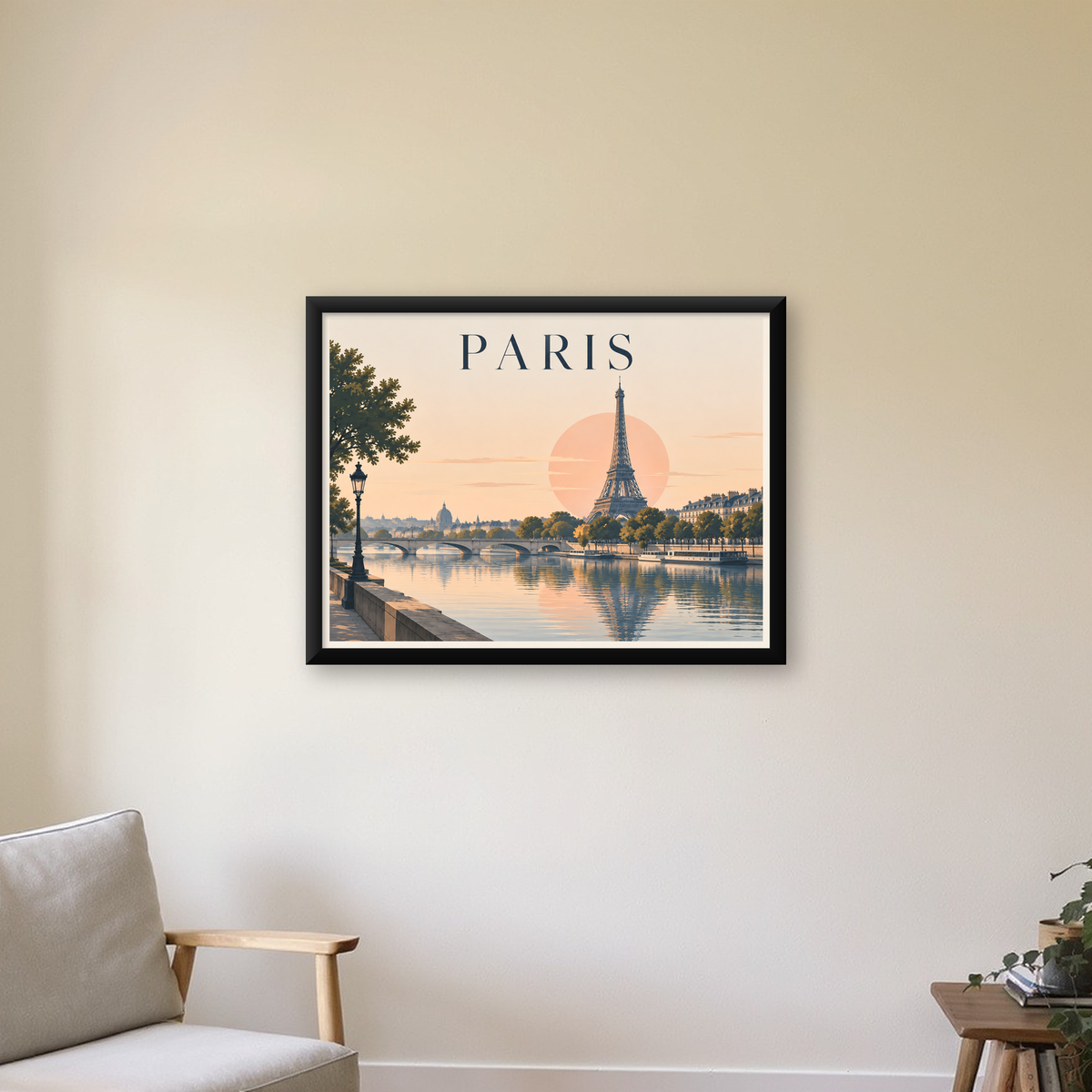 Paris Manzarası Pastel Retro Dijital Poster - Şık Duvar Dekoru — Yatay baskı, çerçeveli hâliyle bir ev duvarında
