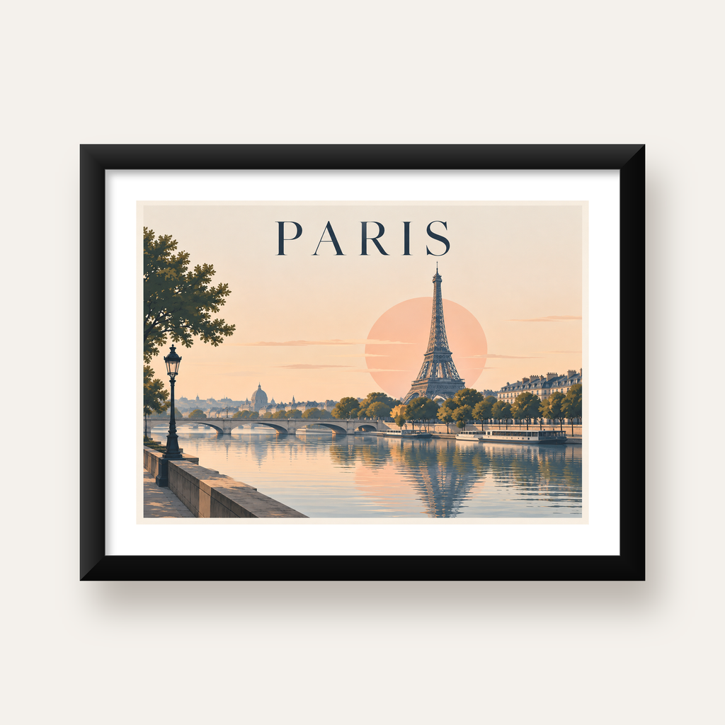 Paris Manzarası Pastel Retro Dijital Poster - Şık Duvar Dekoru — Yatay baskı, beyaz paspartulu