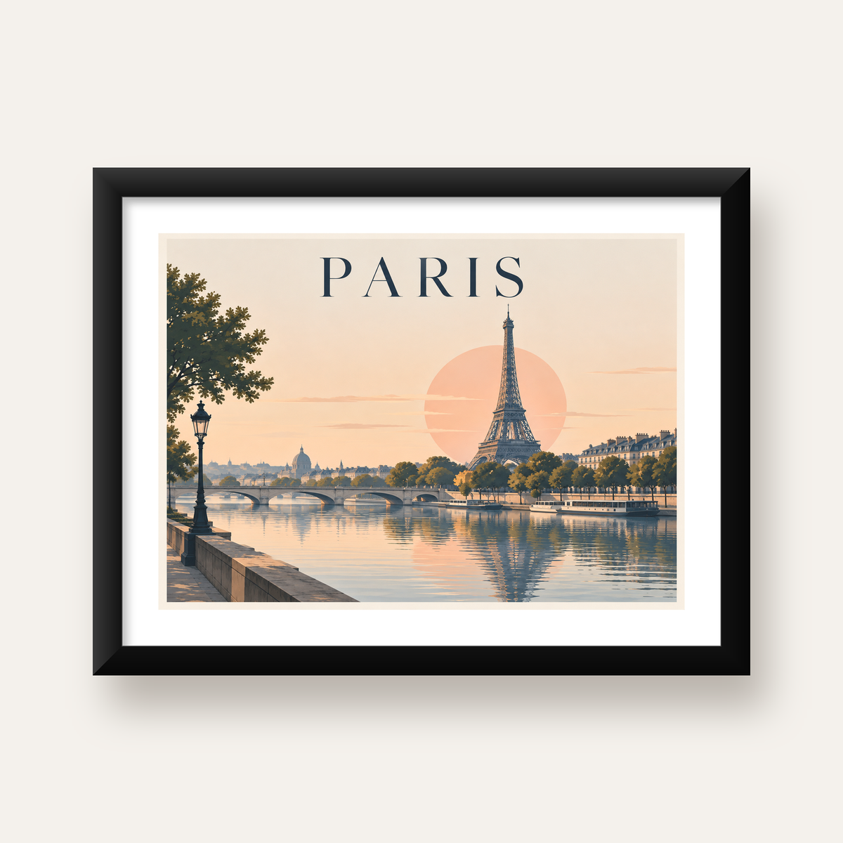 Paris Manzarası Pastel Retro Dijital Poster - Şık Duvar Dekoru — Yatay baskı, beyaz paspartulu