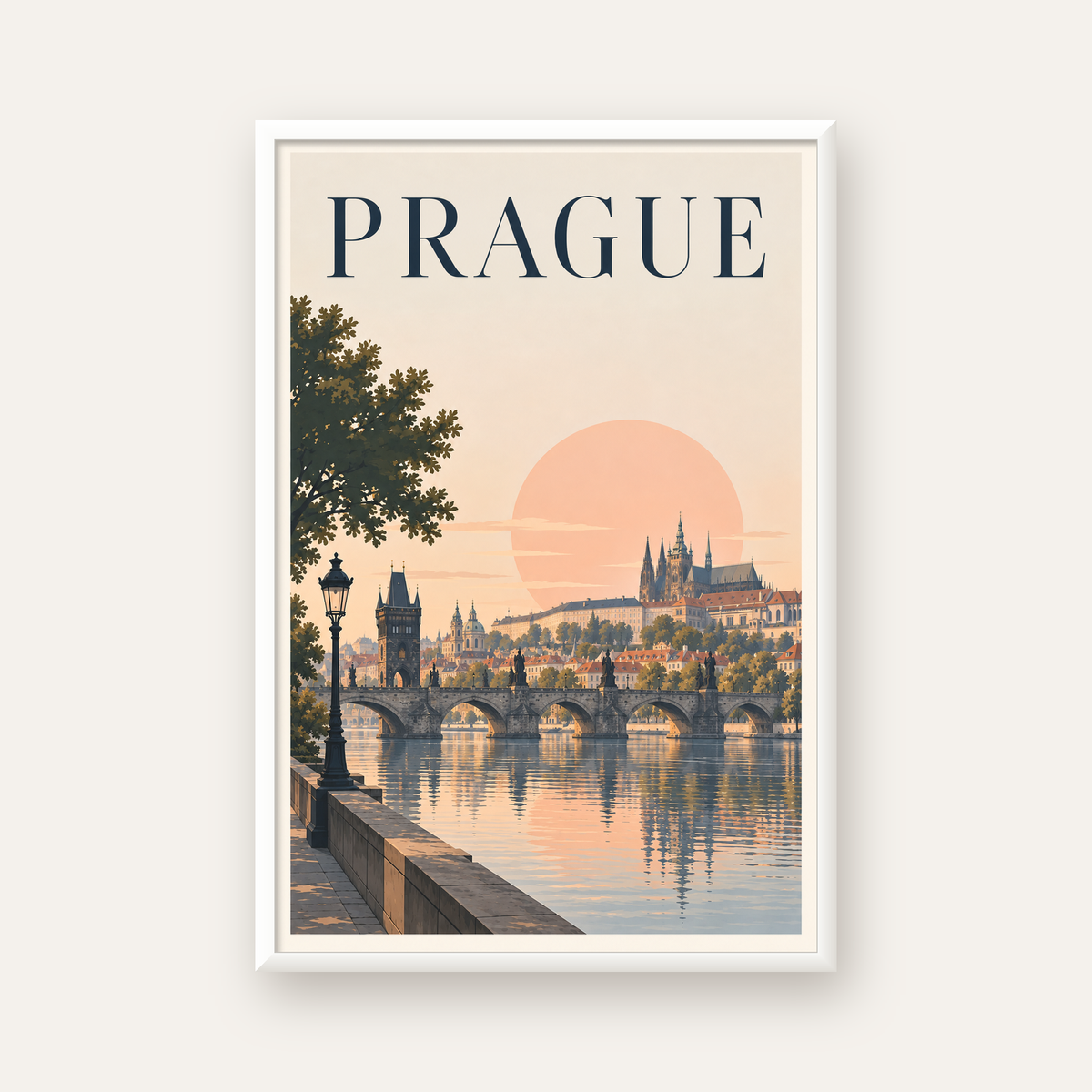Prag Şehir Manzarası Poster – Pastel Tonlarda Dijital Baskı — beyaz çerçeveli dikey poster