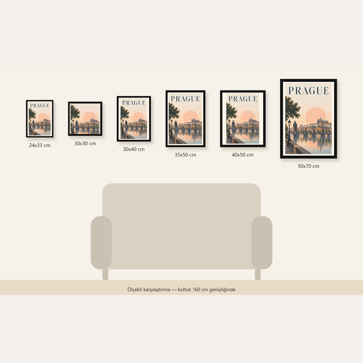 Prag Şehir Manzarası Poster – Pastel Tonlarda Dijital Baskı — Dikey ölçülerinin karşılaştırması