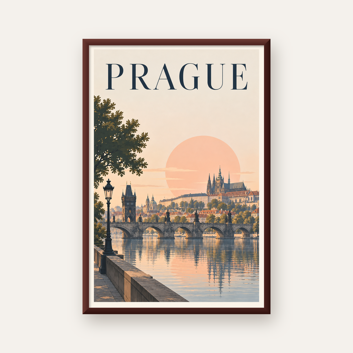 Prag Şehir Manzarası Poster – Pastel Tonlarda Dijital Baskı — ceviz çerçeveli