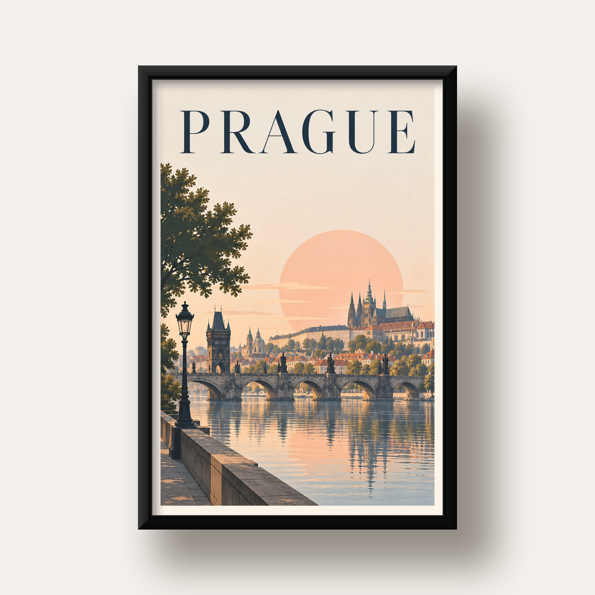 Prag Şehir Manzarası Poster – Pastel Tonlarda Dijital Baskı — siyah derin çerçeveli