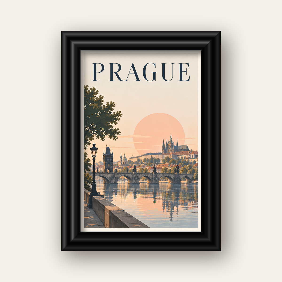 Prag Şehir Manzarası Poster – Pastel Tonlarda Dijital Baskı — siyah galeri çerçeveli