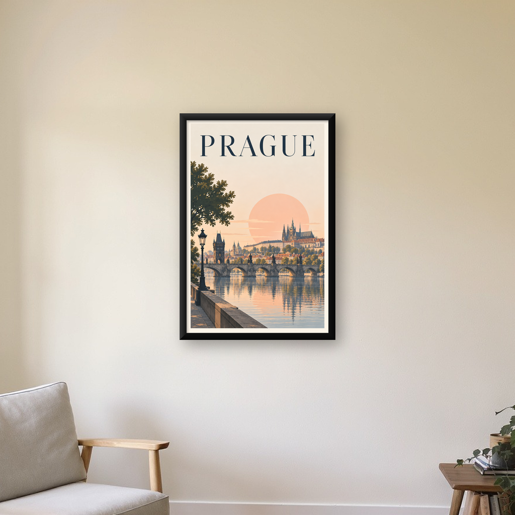 Prag Şehir Manzarası Poster – Pastel Tonlarda Dijital Baskı — Dikey baskı, çerçeveli hâliyle bir ev duvarında