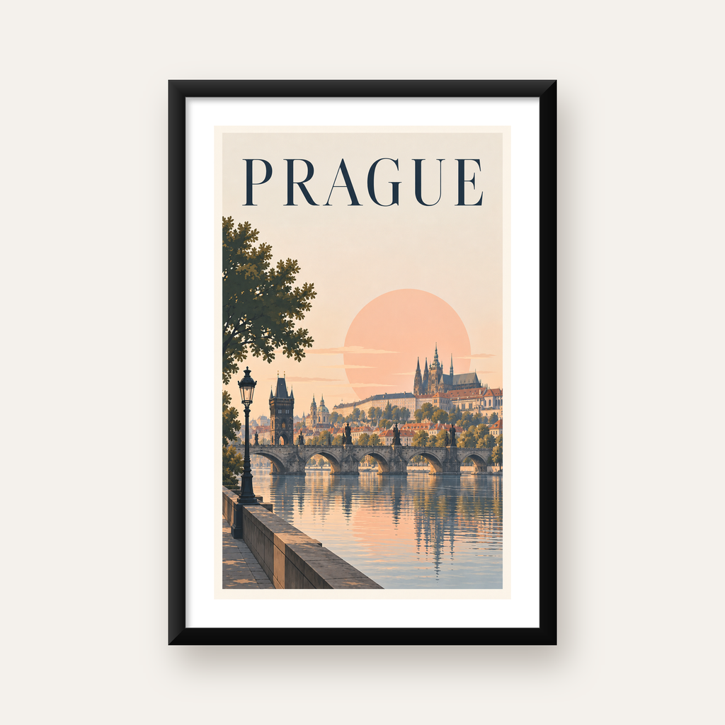 Prag Şehir Manzarası Poster – Pastel Tonlarda Dijital Baskı — Dikey baskı, beyaz paspartulu