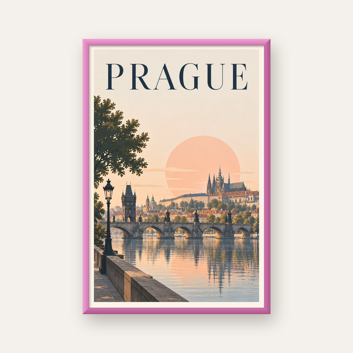 Prag Şehir Manzarası Poster – Pastel Tonlarda Dijital Baskı — pembe çerçeveli