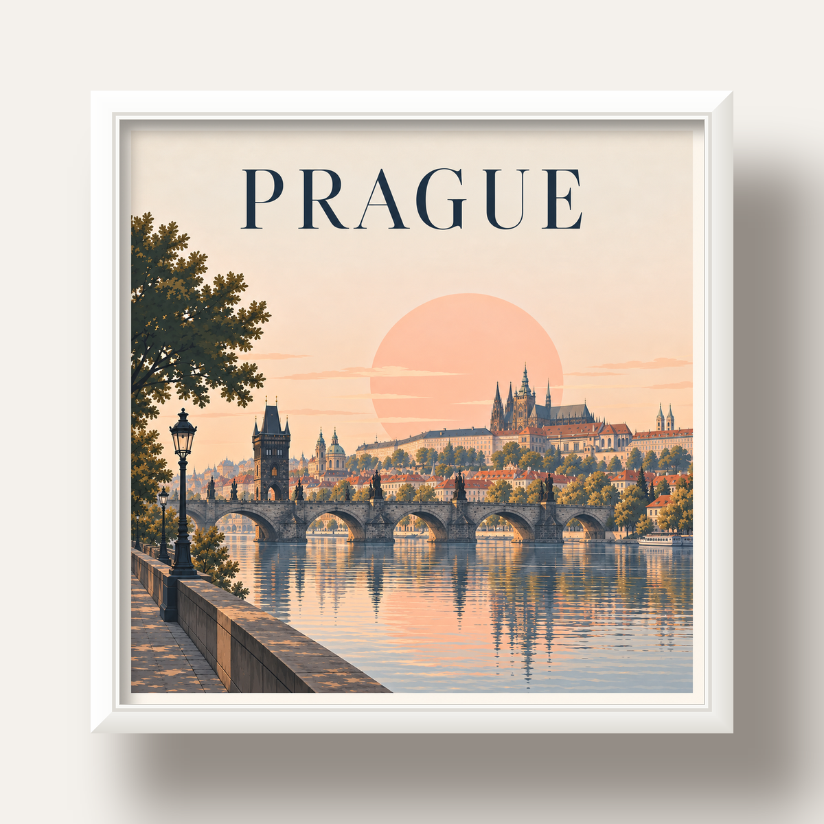 Prag Şehir Manzarası Poster – Pastel Tonlarda Dijital Baskı — beyaz derin çerçeveli