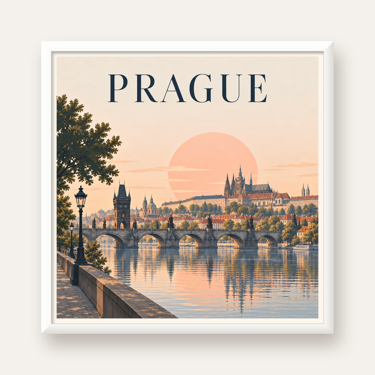 Prag Şehir Manzarası Poster – Pastel Tonlarda Dijital Baskı — beyaz çerçeveli kare poster