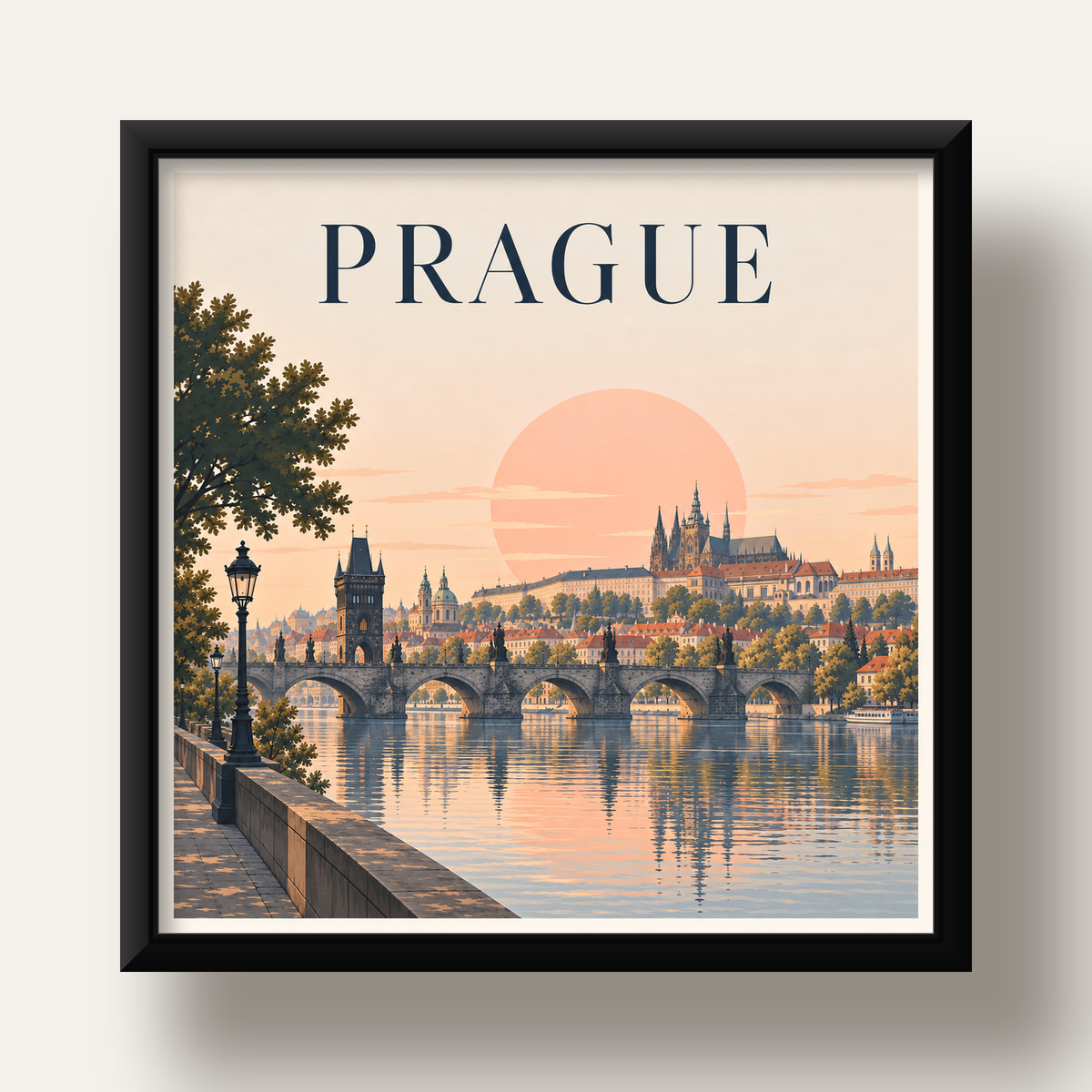 Prag Şehir Manzarası Poster – Pastel Tonlarda Dijital Baskı — siyah derin çerçeveli