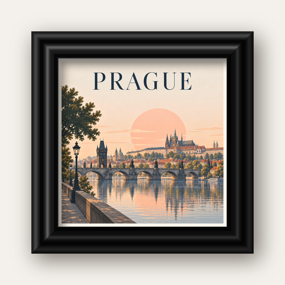 Prag Şehir Manzarası Poster – Pastel Tonlarda Dijital Baskı — siyah galeri çerçeveli