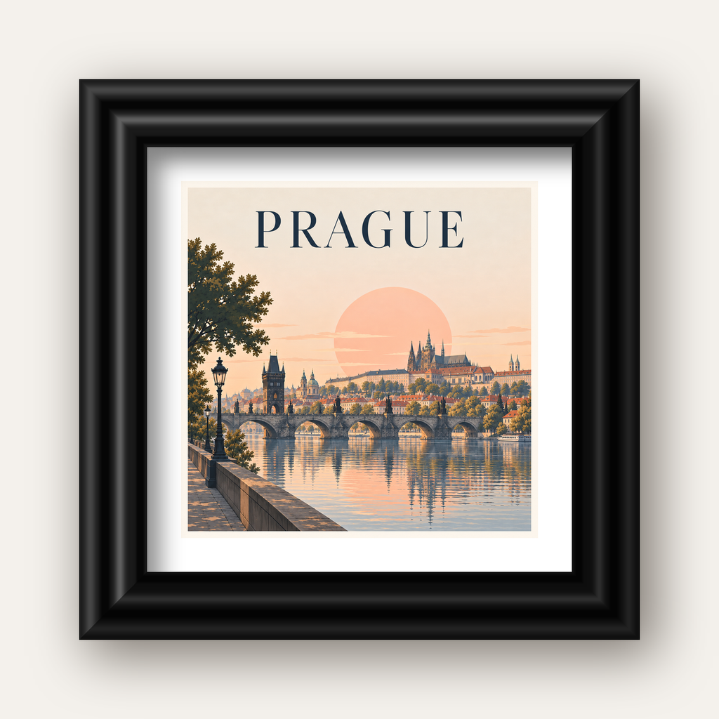 Prag Şehir Manzarası Poster – Pastel Tonlarda Dijital Baskı — siyah galeri çerçeveli paspartulu