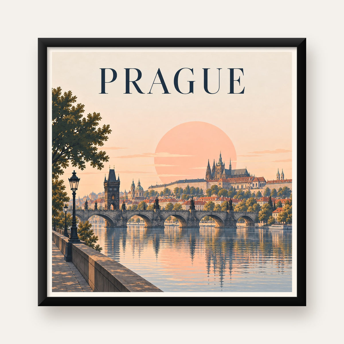 Prag Şehir Manzarası Poster – Pastel Tonlarda Dijital Baskı — Kare baskı, düz siyah çerçeveli duvar posteri