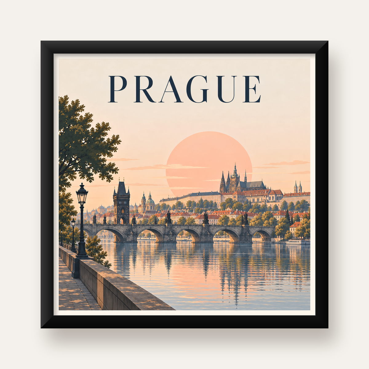 Prag Şehir Manzarası Poster – Pastel Tonlarda Dijital Baskı — Kare baskı, düz siyah çerçeveli duvar posteri