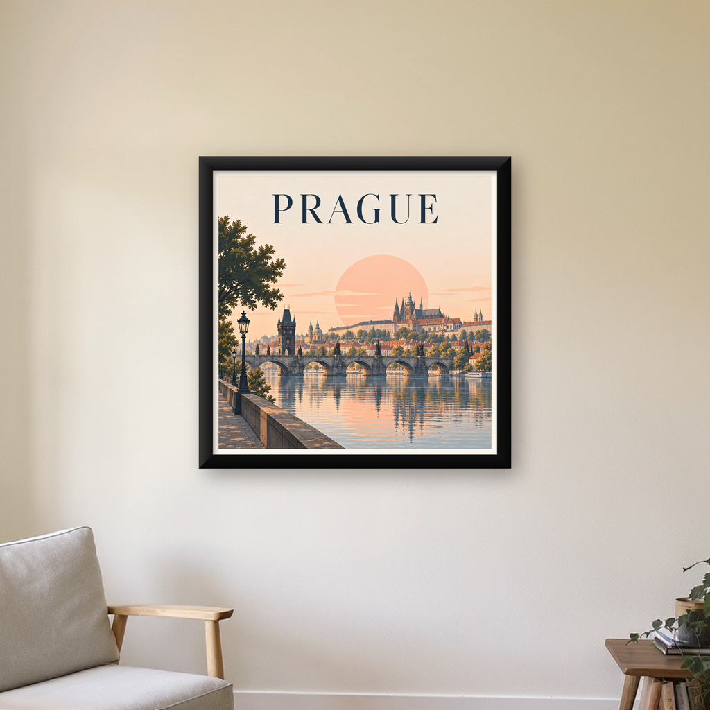 Prag Şehir Manzarası Poster – Pastel Tonlarda Dijital Baskı — Kare baskı, çerçeveli hâliyle bir ev duvarında