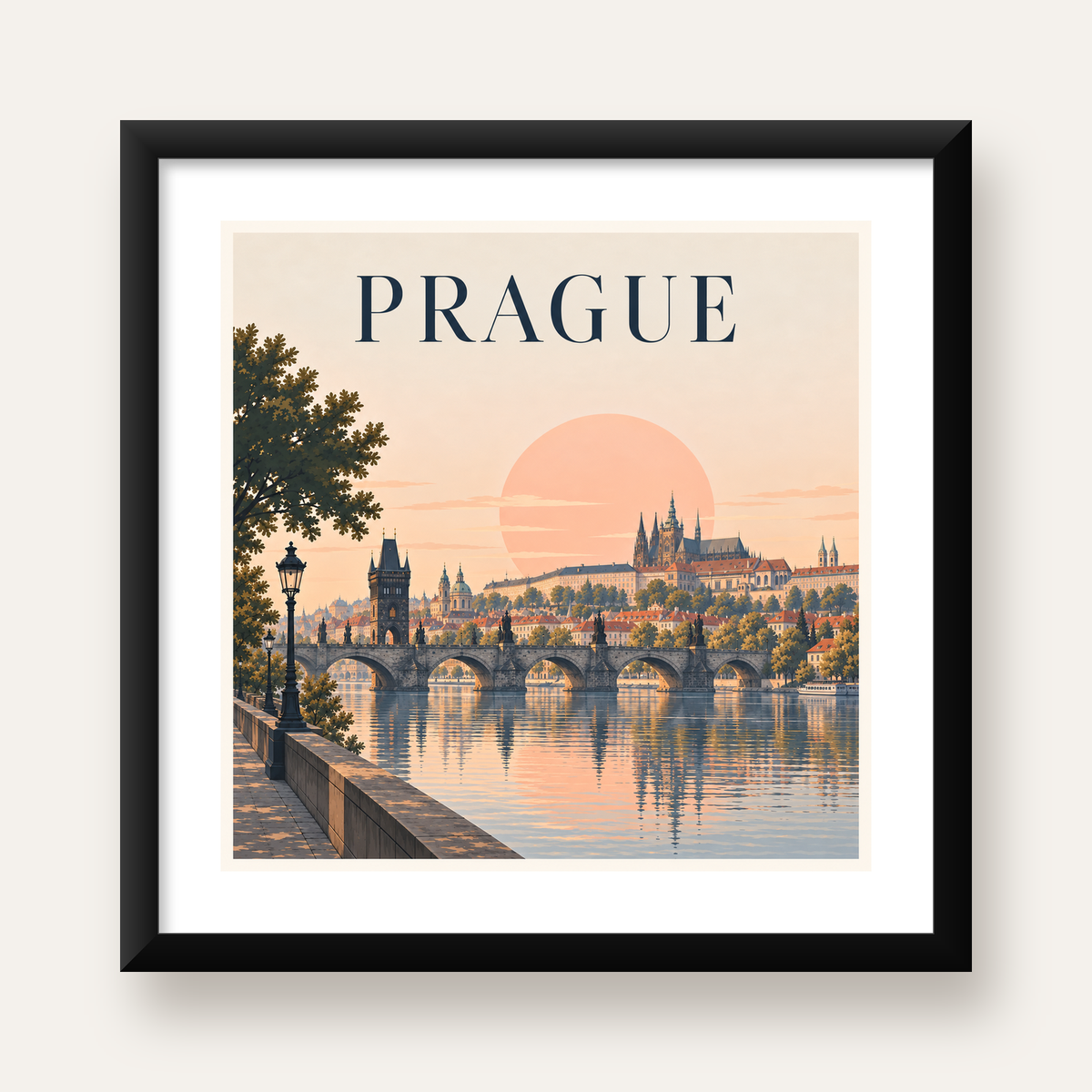 Prag Şehir Manzarası Poster – Pastel Tonlarda Dijital Baskı — Kare baskı, beyaz paspartulu