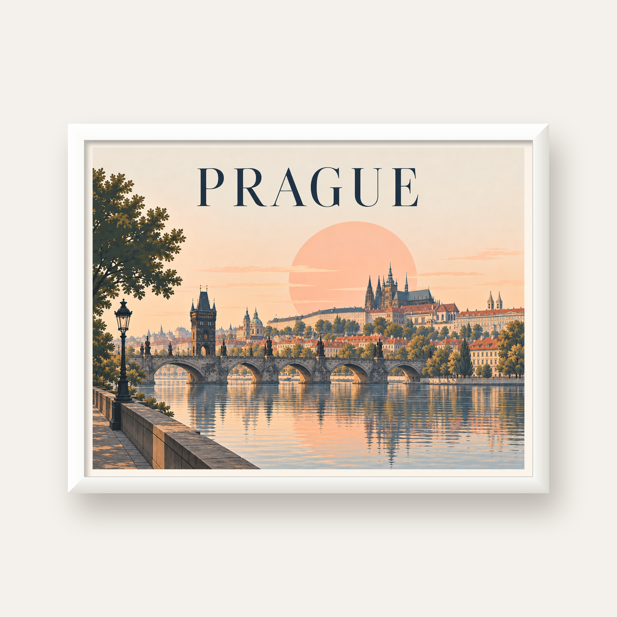Prag Şehir Manzarası Poster – Pastel Tonlarda Dijital Baskı — beyaz çerçeveli yatay poster