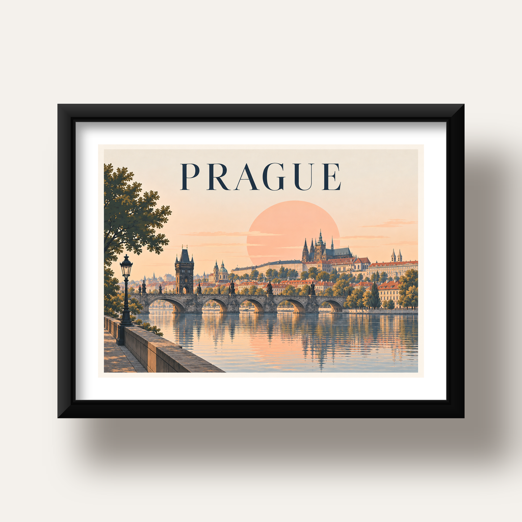 Prag Şehir Manzarası Poster – Pastel Tonlarda Dijital Baskı — siyah derin çerçeveli paspartulu