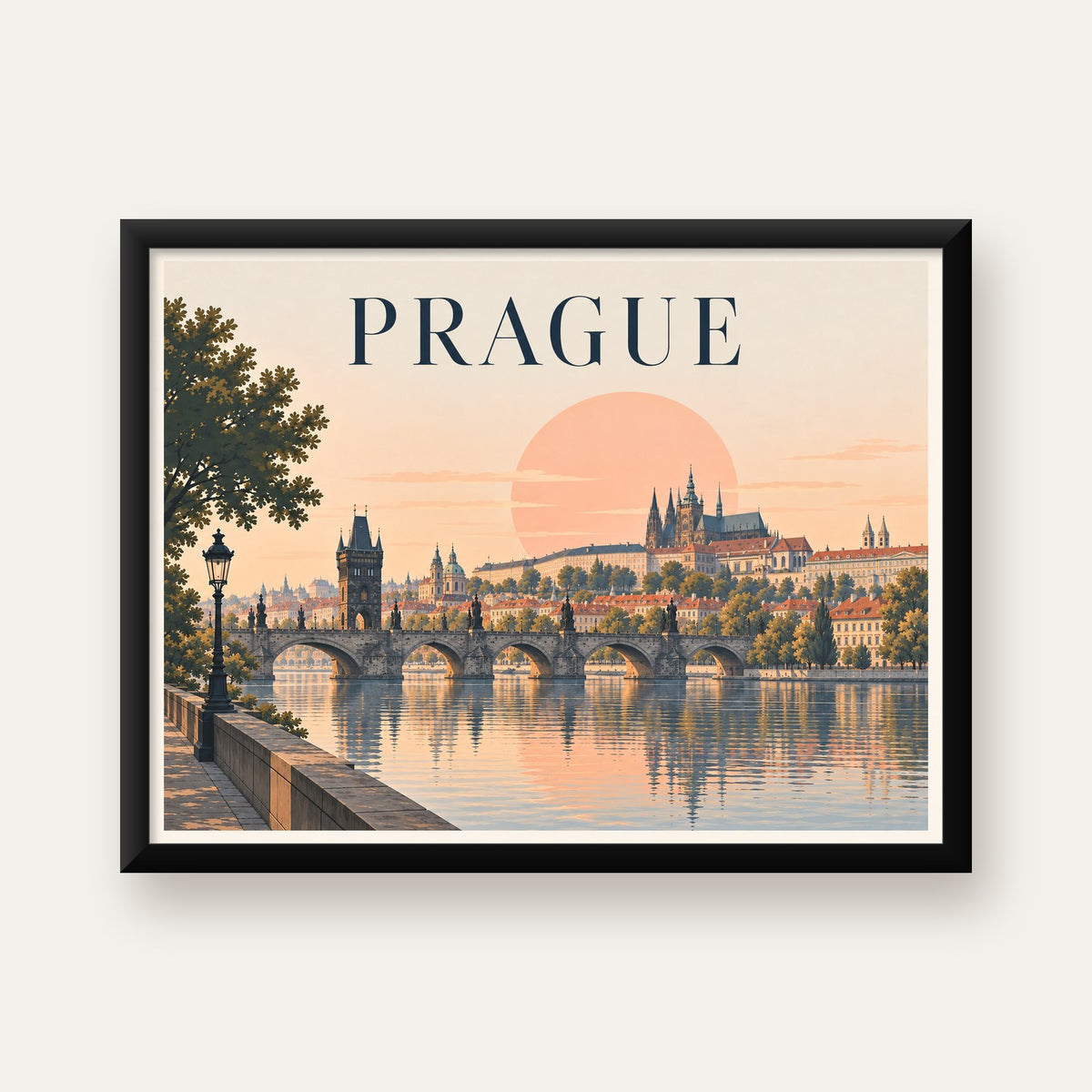 Prag Şehir Manzarası Poster – Pastel Tonlarda Dijital Baskı — Yatay baskı, düz siyah çerçeveli duvar posteri