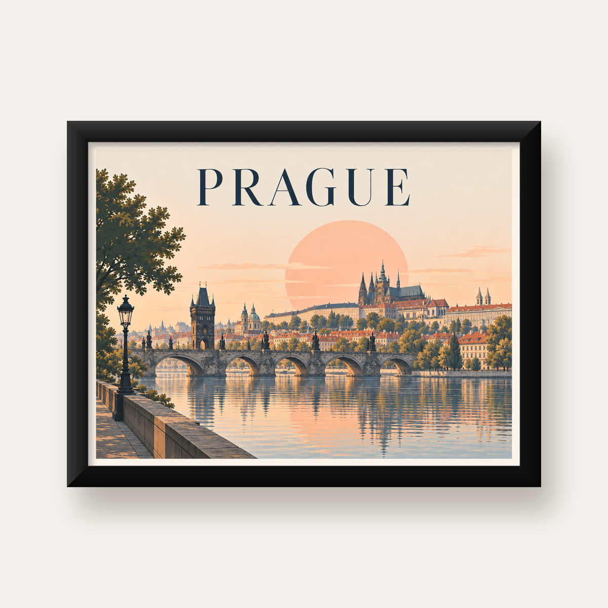 Prag Şehir Manzarası Poster – Pastel Tonlarda Dijital Baskı — Yatay baskı, düz siyah çerçeveli duvar posteri