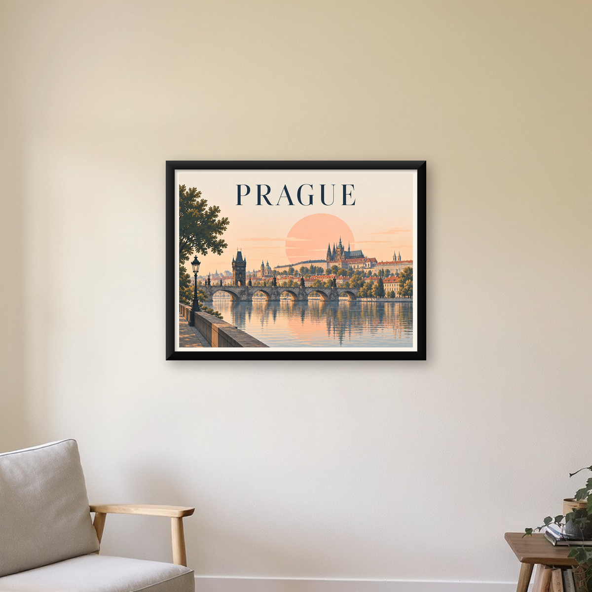 Prag Şehir Manzarası Poster – Pastel Tonlarda Dijital Baskı — Yatay baskı, çerçeveli hâliyle bir ev duvarında
