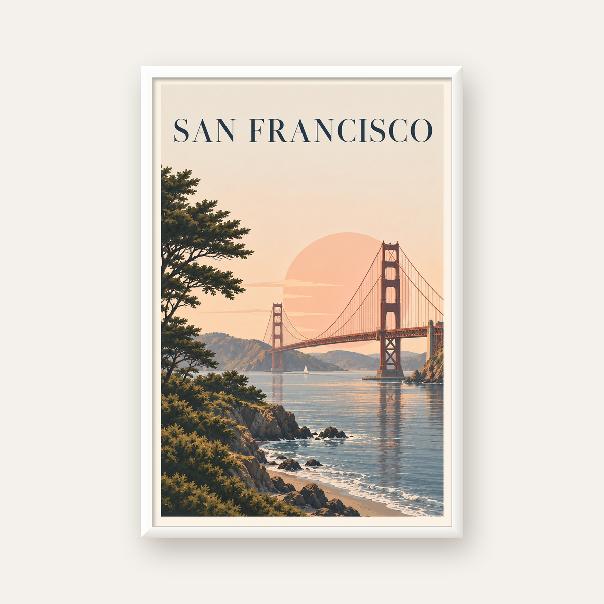 San Francisco Golden Gate Köprüsü Manzaralı Poster — beyaz çerçeveli dikey poster