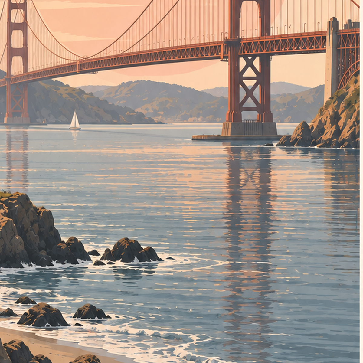 San Francisco Golden Gate Köprüsü Manzaralı Poster — baskının yakın çekimi, kâğıt dokusu ve renk detayı