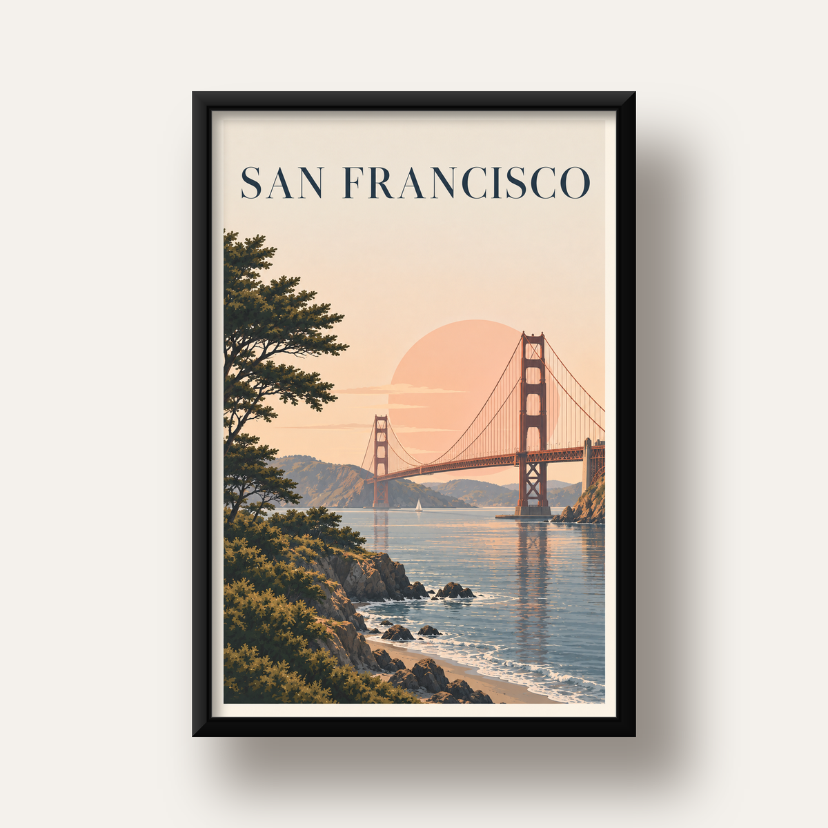 San Francisco Golden Gate Köprüsü Manzaralı Poster — siyah derin çerçeveli