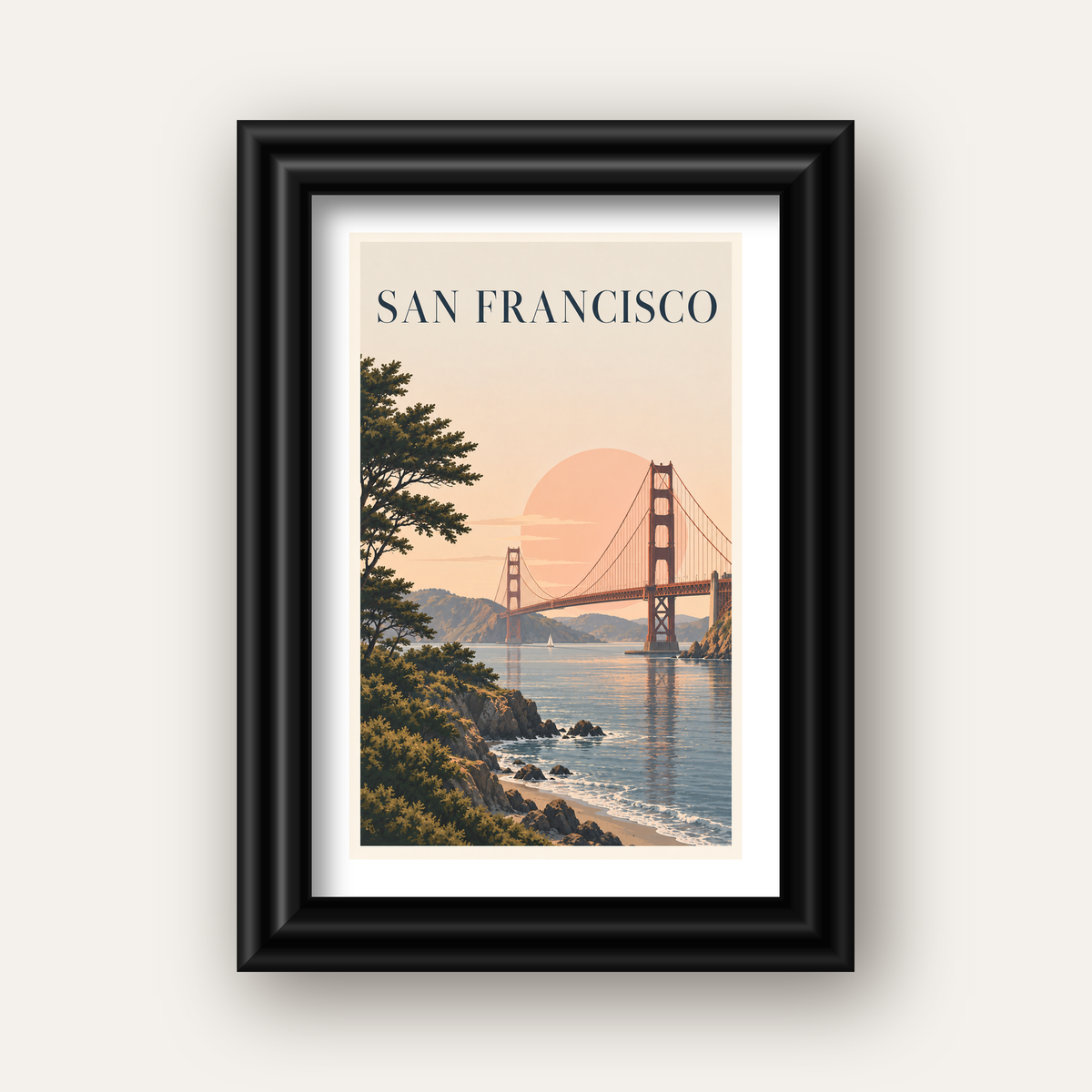 San Francisco Golden Gate Köprüsü Manzaralı Poster — siyah galeri çerçeveli paspartulu