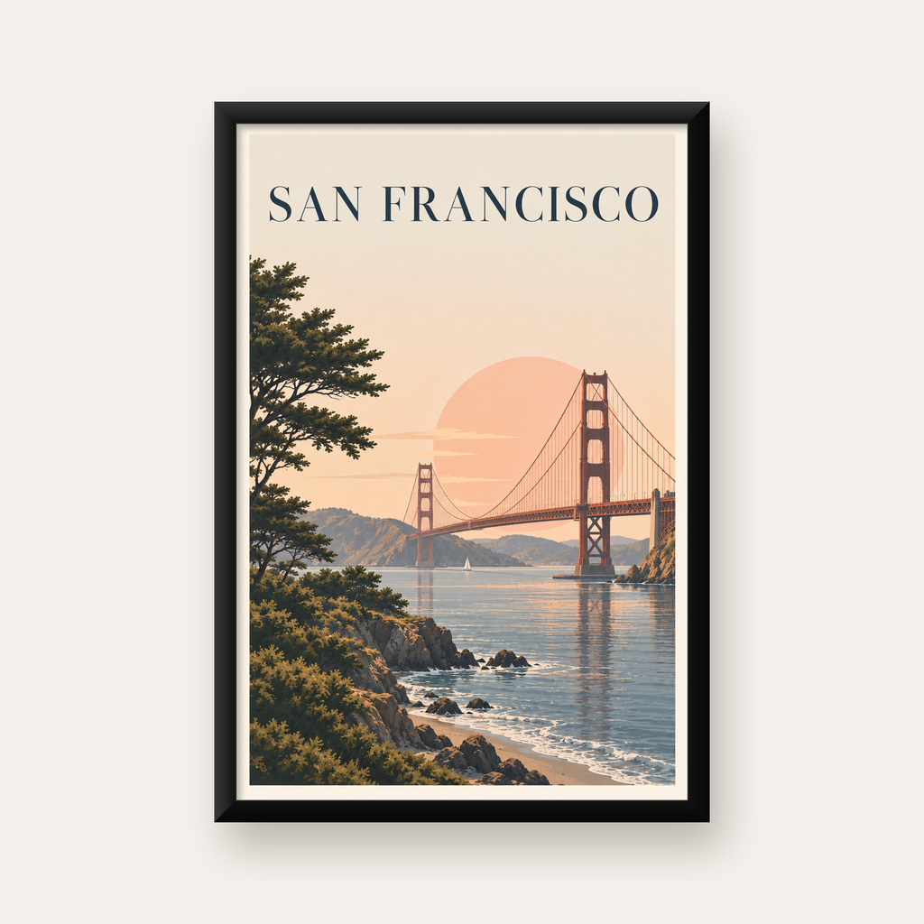 San Francisco Golden Gate Köprüsü Manzaralı Poster — Dikey baskı, düz siyah çerçeveli duvar posteri