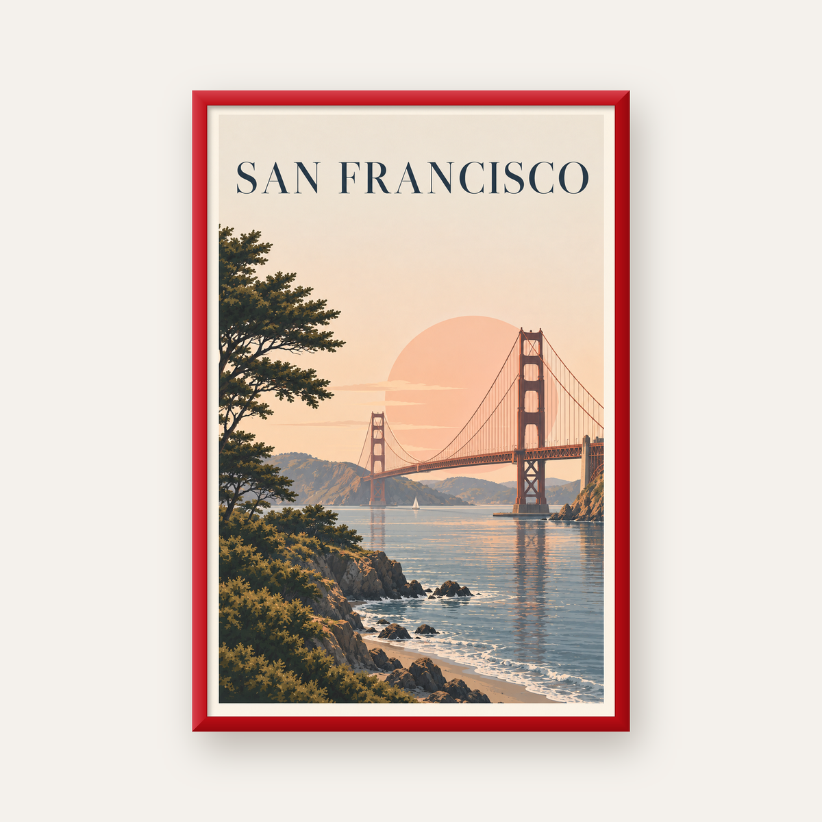 San Francisco Golden Gate Köprüsü Manzaralı Poster — kırmızı çerçeveli
