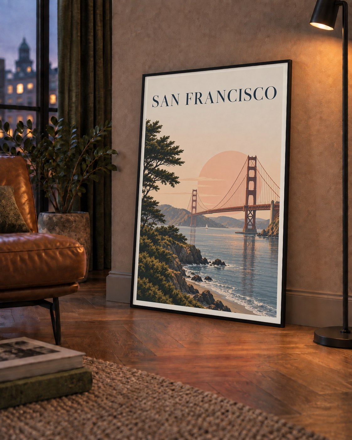 San Francisco Golden Gate Köprüsü Manzaralı Poster — çerçeveli hâliyle bir ev duvarında