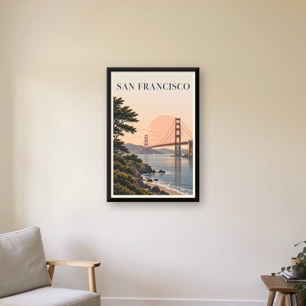 San Francisco Golden Gate Köprüsü Manzaralı Poster — Dikey baskı, çerçeveli hâliyle bir ev duvarında