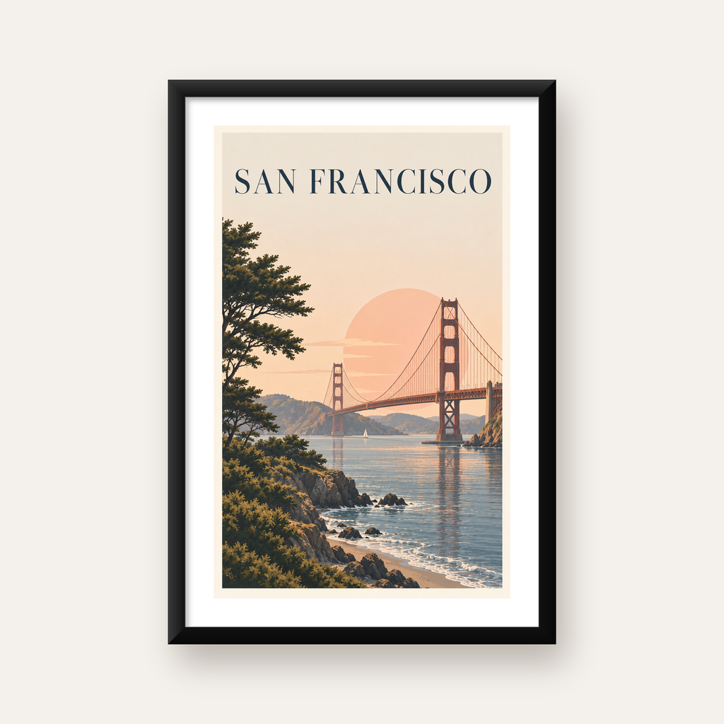 San Francisco Golden Gate Köprüsü Manzaralı Poster — Dikey baskı, beyaz paspartulu