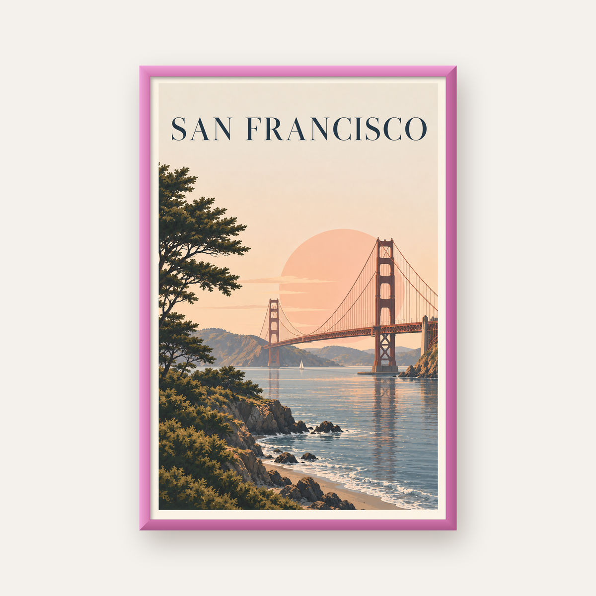San Francisco Golden Gate Köprüsü Manzaralı Poster — pembe çerçeveli