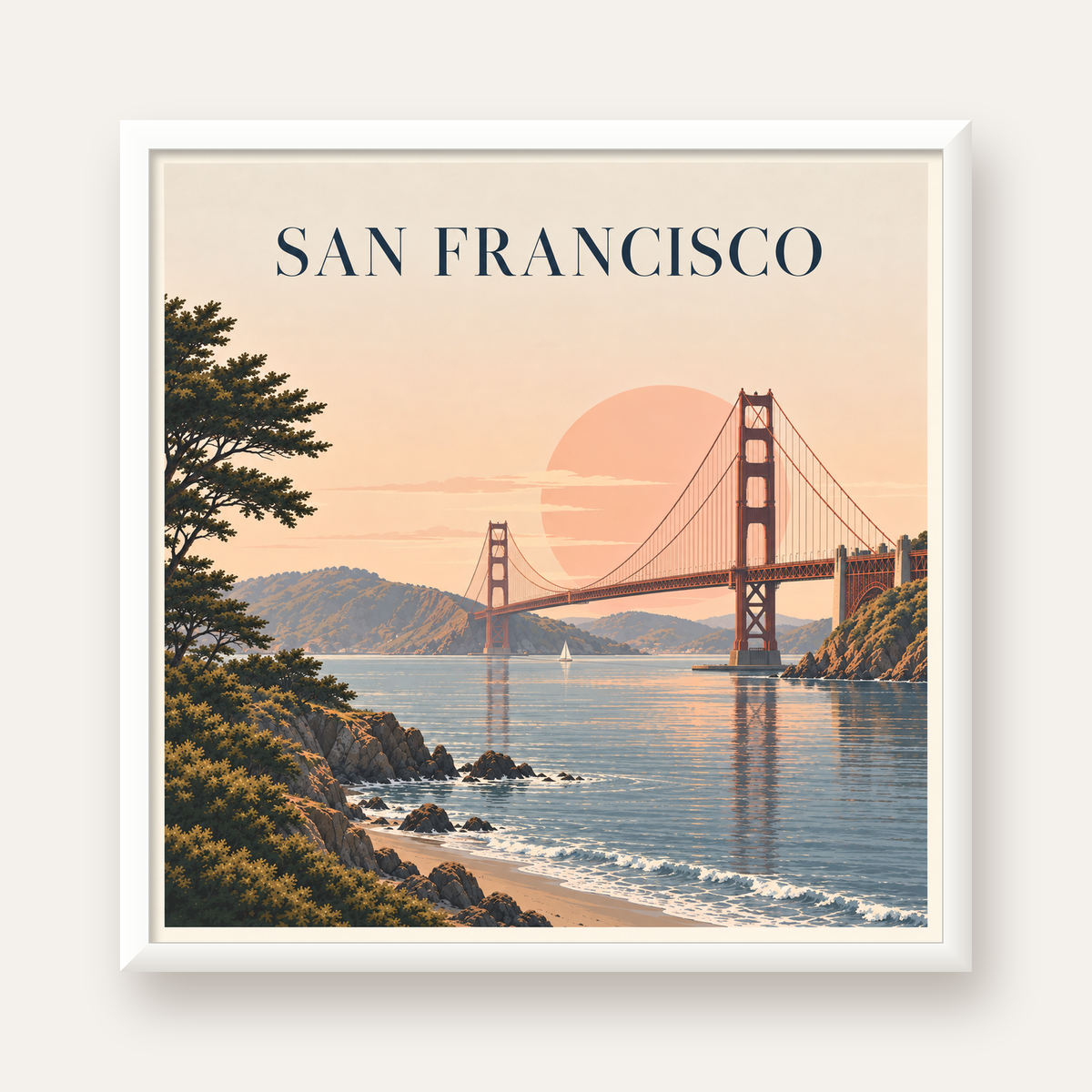 San Francisco Golden Gate Köprüsü Manzaralı Poster — beyaz çerçeveli kare poster
