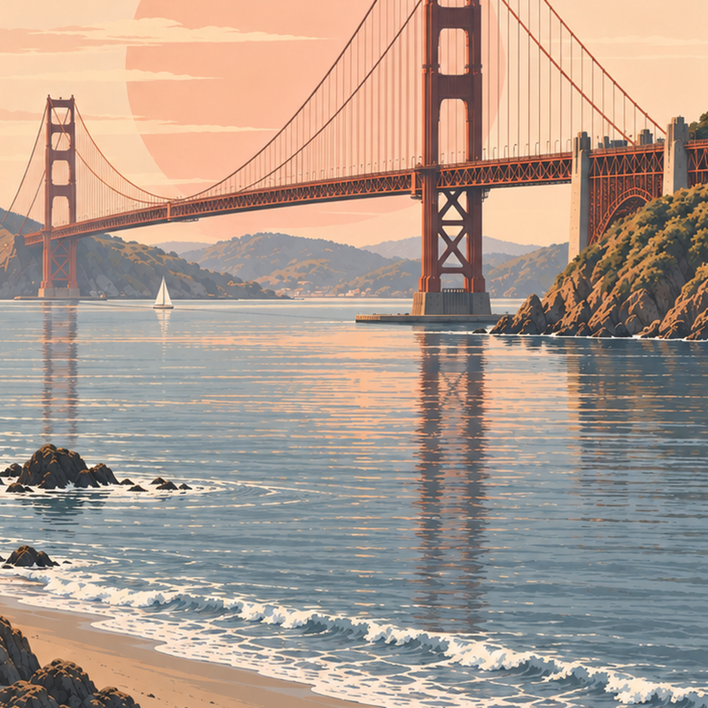 San Francisco Golden Gate Köprüsü Manzaralı Poster — baskının yakın çekimi, kâğıt dokusu ve renk detayı