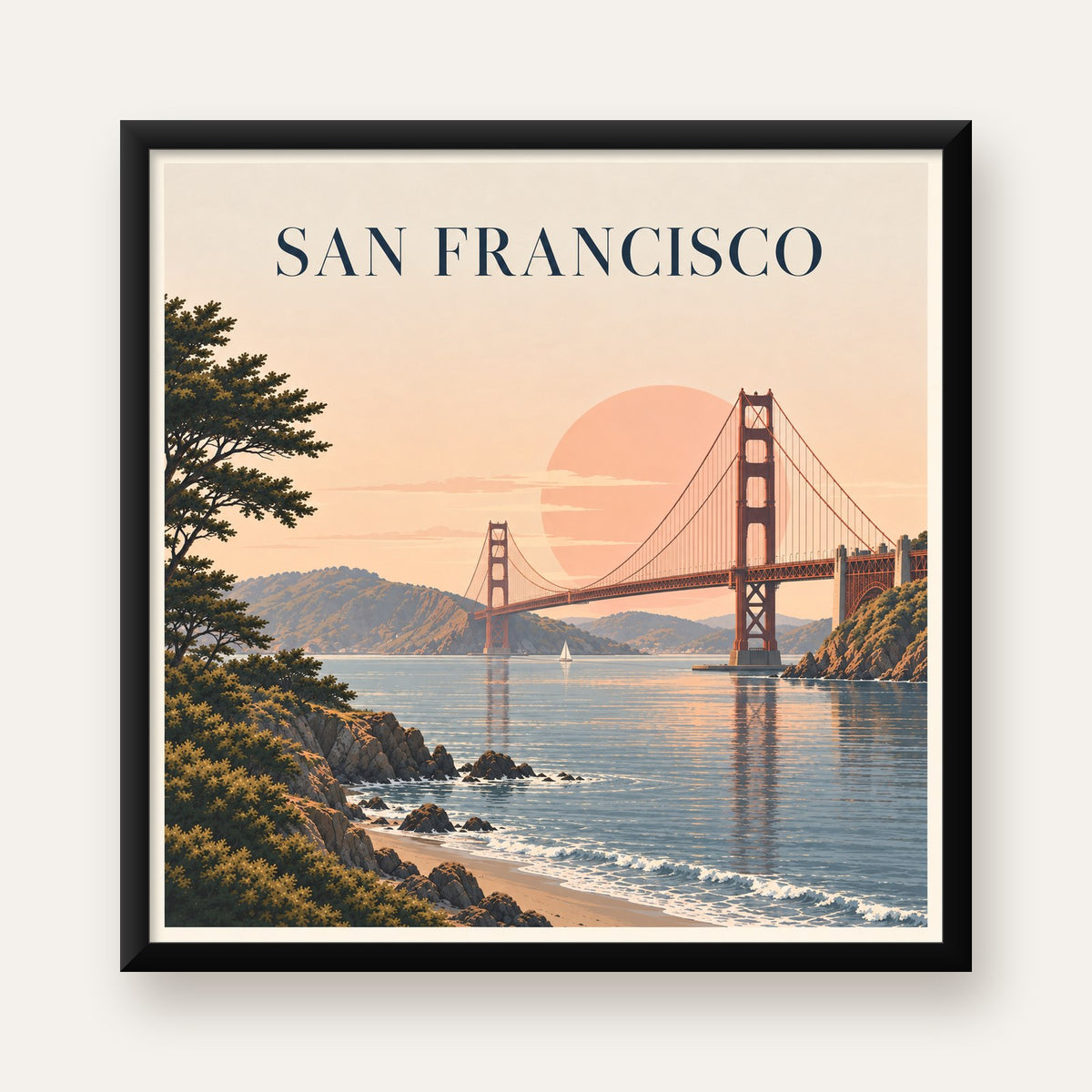 San Francisco Golden Gate Köprüsü Manzaralı Poster — Kare baskı, düz siyah çerçeveli duvar posteri