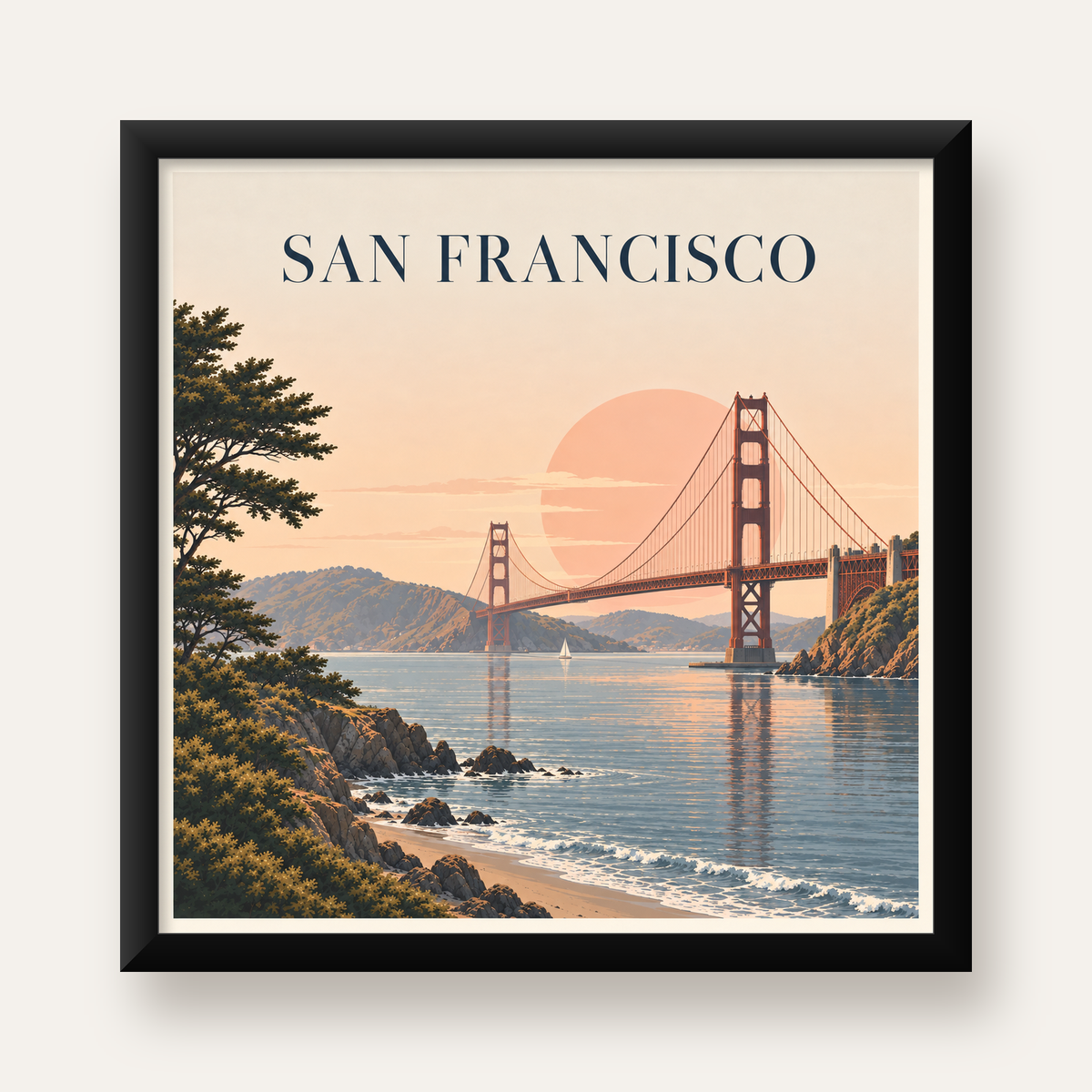 San Francisco Golden Gate Köprüsü Manzaralı Poster — Kare baskı, düz siyah çerçeveli duvar posteri
